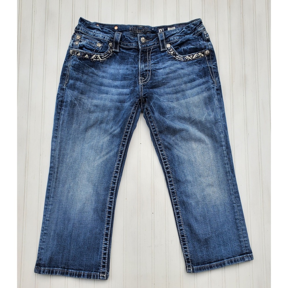 Miss Me Signature Crop Jeans Womens 32 Medium Wash Studded Embellished Bling - Picture 2 of 9